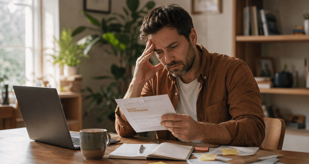 Busy adult looking at a phone while managing notes, errands, and daily responsibilities